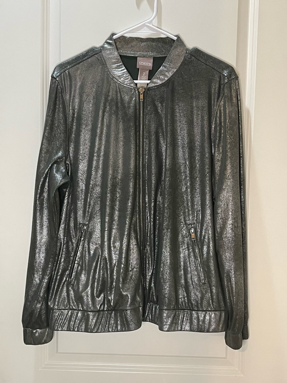 Chico's Metallic Charcoal Faux Leather Bomber Jacket Full Zip L/2